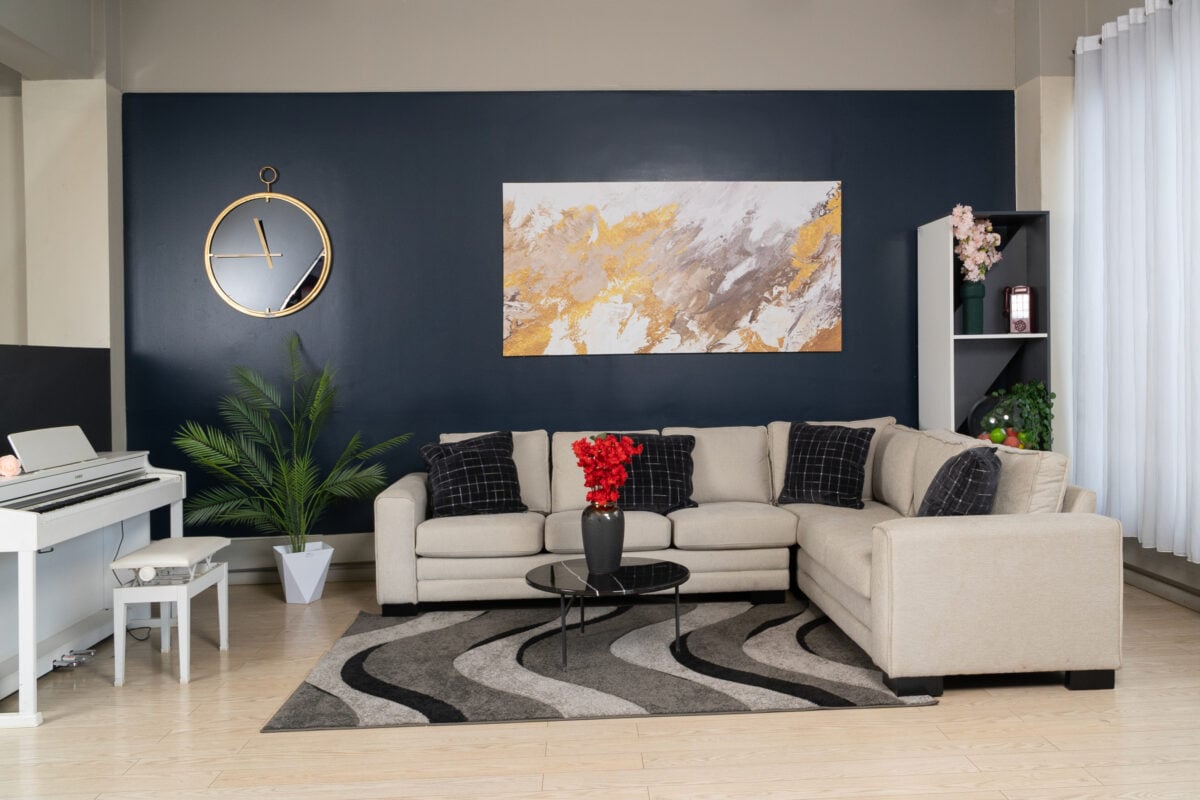 Stylish and comfortable corner sofa set for a modern living room – available at Victoria Homestore