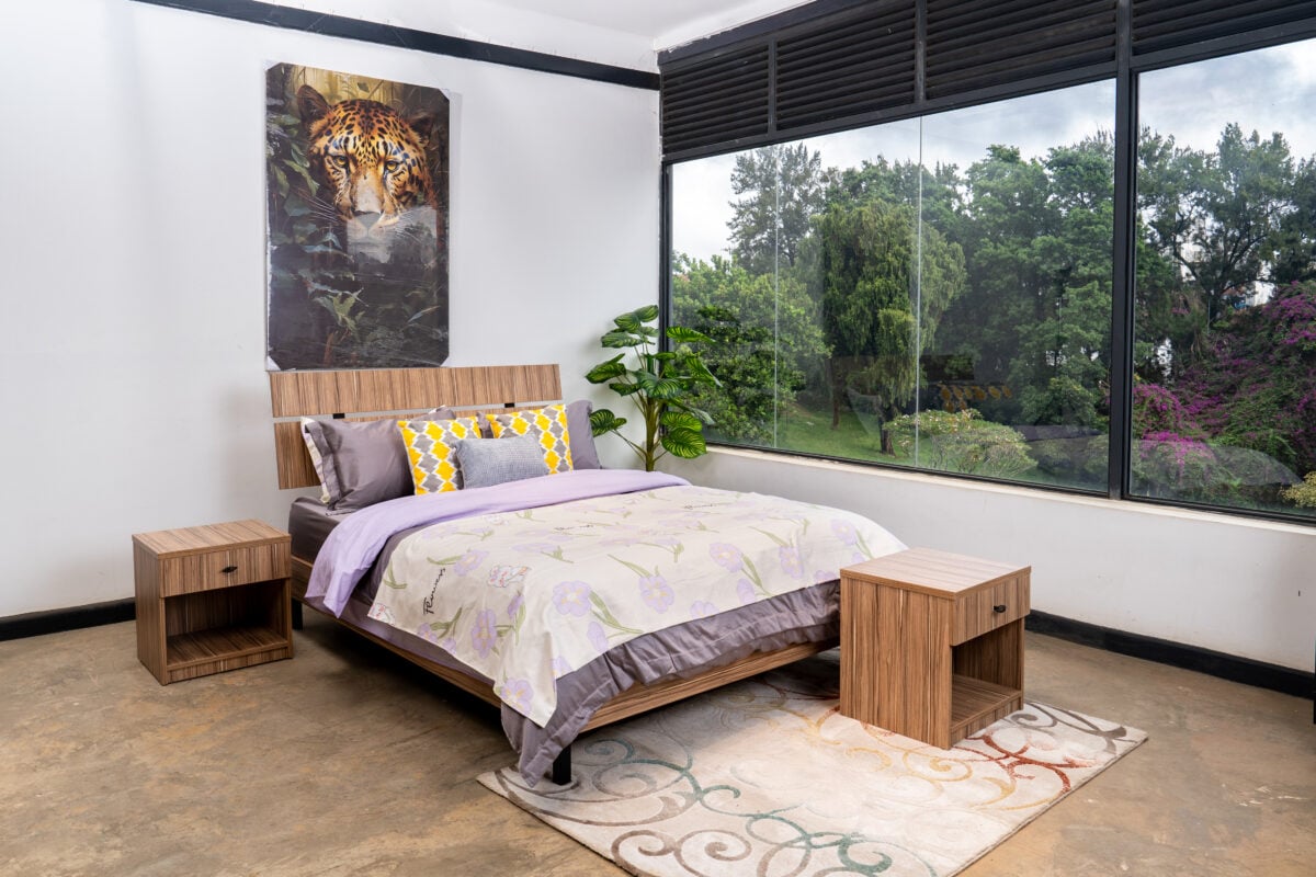 Modern king size bed with dresser and bedside table on sale at Victoria Homestore Kenya