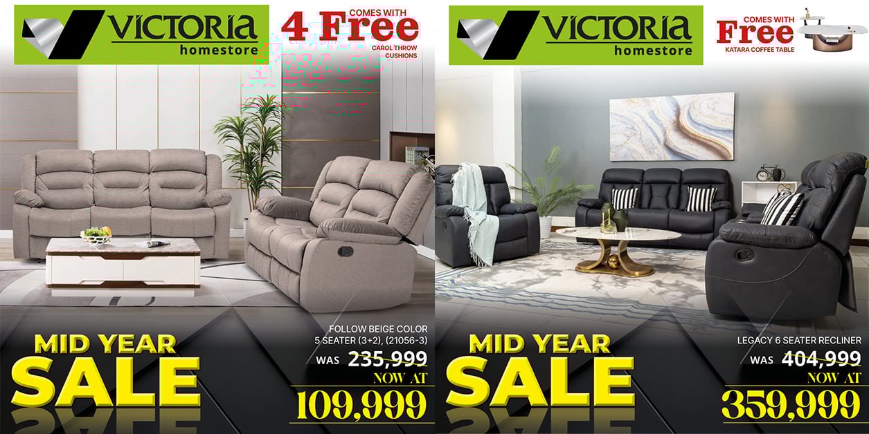 Modern recliner sofa on sale at Victoria Homestore during the mid-year discount event