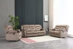 5 seater brown fabric recliner sofa set in living room setting with cushioned back and footrest