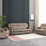 5 seater brown fabric recliner sofa set in living room setting with cushioned back and footrest