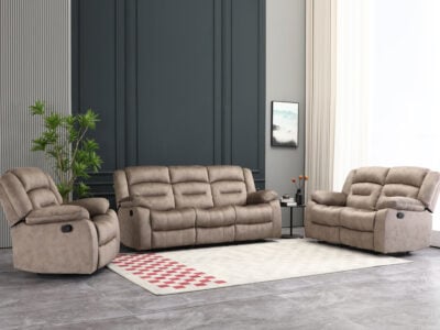 5 seater brown fabric recliner sofa set in living room setting with cushioned back and footrest