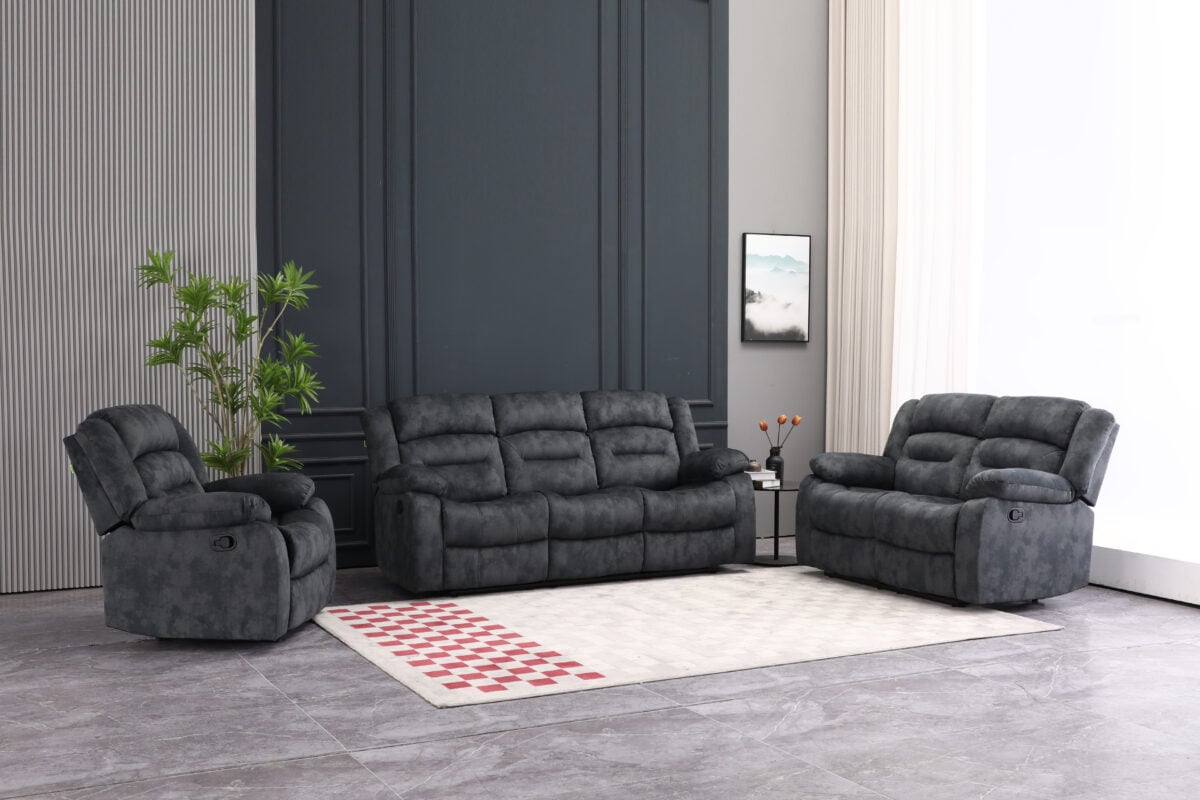 grey 5 seater fabric recliner sofa set with manual reclining seats and padded armrests for living room