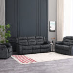 grey 5 seater fabric recliner sofa set with manual reclining seats and padded armrests for living room