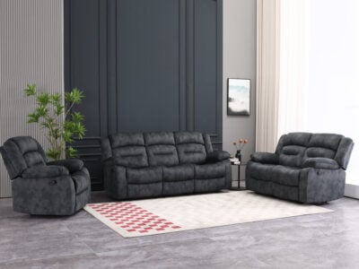grey 5 seater fabric recliner sofa set with manual reclining seats and padded armrests for living room