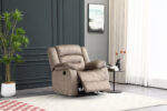 brown single seater recliner chair with soft fabric upholstery and manual reclining lever in modern interior
