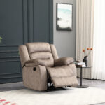 brown single seater recliner chair with soft fabric upholstery and manual reclining lever in modern interior