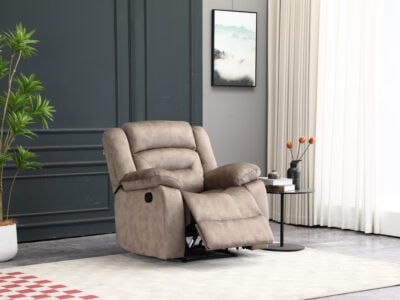 brown single seater recliner chair with soft fabric upholstery and manual reclining lever in modern interior