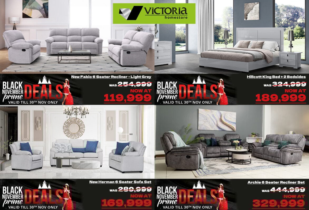 A cozy Kenyan living room setup from Victoria Homestore featuring a plush recliner and a stylish fabric sofa, showcasing their Black November sale.