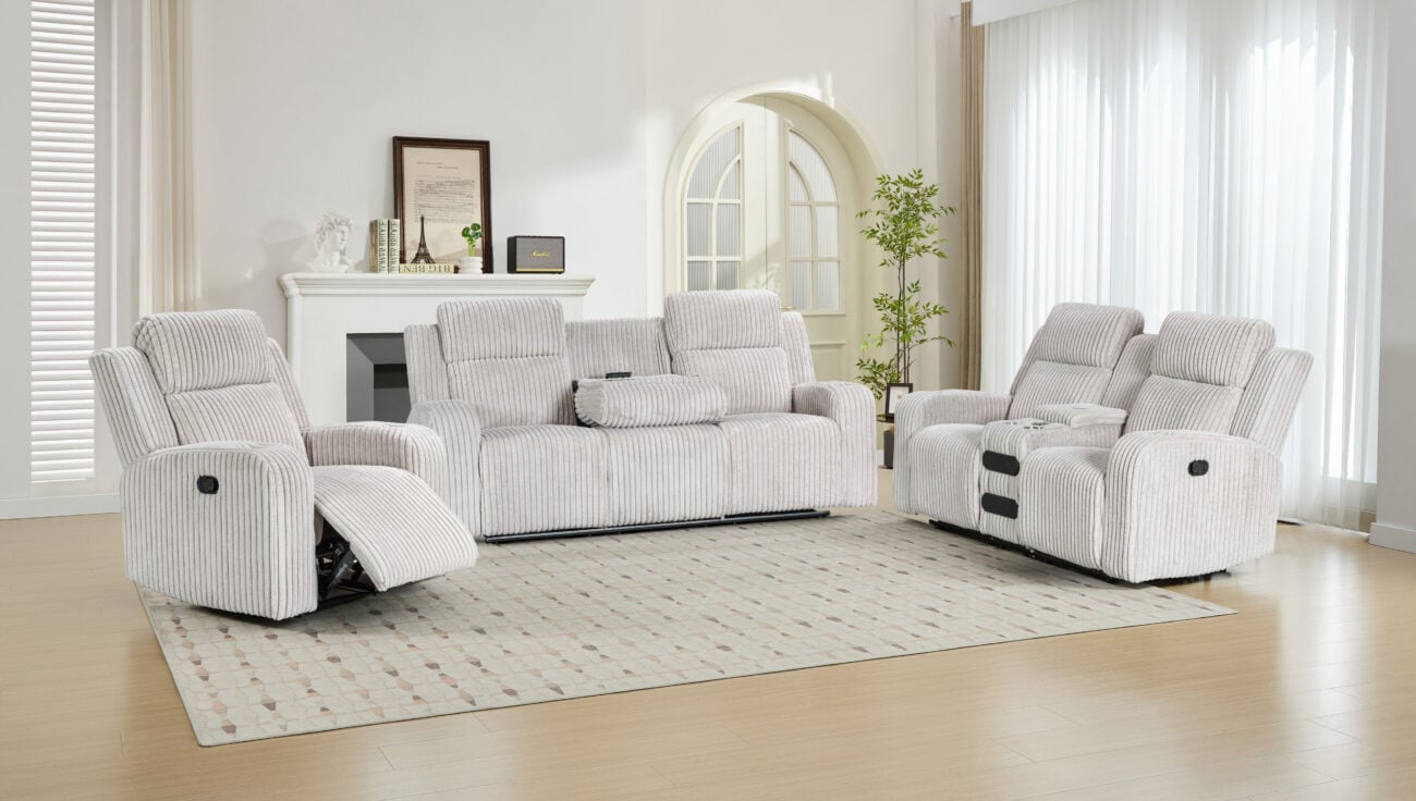 Casanova Grey 6 Seater Recliner Sofa Set in a modern living room, showing the 3+2+1 configuration with recliners extended.