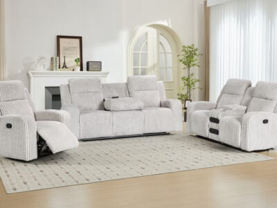 Casanova Grey 6 Seater Recliner Sofa Set in a modern living room, showing the 3+2+1 configuration with recliners extended.