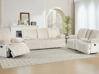 CorLiving Dark Grey 6 Seater Recliner Sofa Set in a contemporary living room, showing L-shaped configuration with extended recliners.