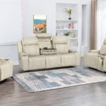 Mosswell Beige 6 Seater Leather Recliner Set with Bluetooth speakers, wireless charging, and reading lights in a modern home theatre setup.