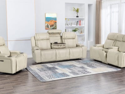 Mosswell Beige 6 Seater Leather Recliner Set with Bluetooth speakers, wireless charging, and reading lights in a modern home theatre setup.
