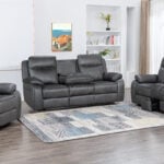 Piperton Dark Grey 6 Seater Powered Recliner Set with extended motorized seats in a contemporary living room setting.