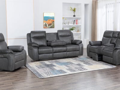 Piperton Dark Grey 6 Seater Powered Recliner Set with extended motorized seats in a contemporary living room setting.