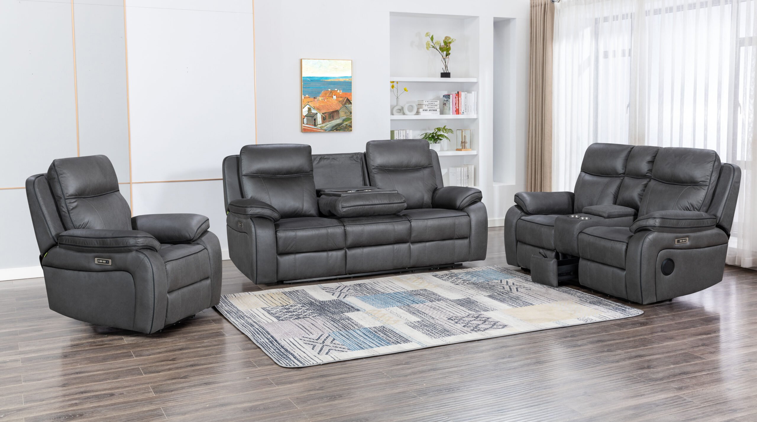 PIPERTON#1+2+3 Piperton Dark Grey 6 Seater Powered Recliner Set with extended motorized seats in a contemporary living room setting.