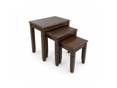 Contemporary walnut wooden nesting stools set with compact stackable design for modern living spaces