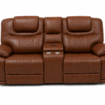 Calderwell cognac brown 2 seater leather recliner sofa with cup holders and centre console