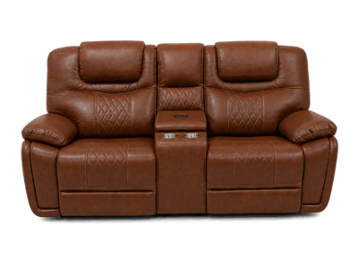 Calderwell cognac brown 2 seater leather recliner sofa with cup holders and centre console