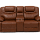 Calderwell cognac brown 2 seater leather recliner sofa with cup holders and centre console
