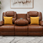 Calderwell cognac brown 3 seater leather recliner sofa with padded armrests and quilted detailing