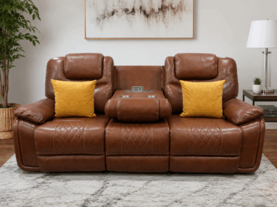 Calderwell cognac brown 3 seater leather recliner sofa with padded armrests and quilted detailing