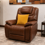 Calderwell cognac brown single leather recliner chair with padded armrests and plush back support