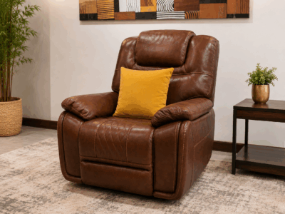 Calderwell cognac brown single leather recliner chair with padded armrests and plush back support