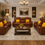 Calderwell cognac brown 6 seater leather recliner sofa set with 3 seater, 2 seater, and single recliner chair