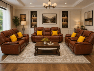 Calderwell cognac brown 6 seater leather recliner sofa set with 3 seater, 2 seater, and single recliner chair
