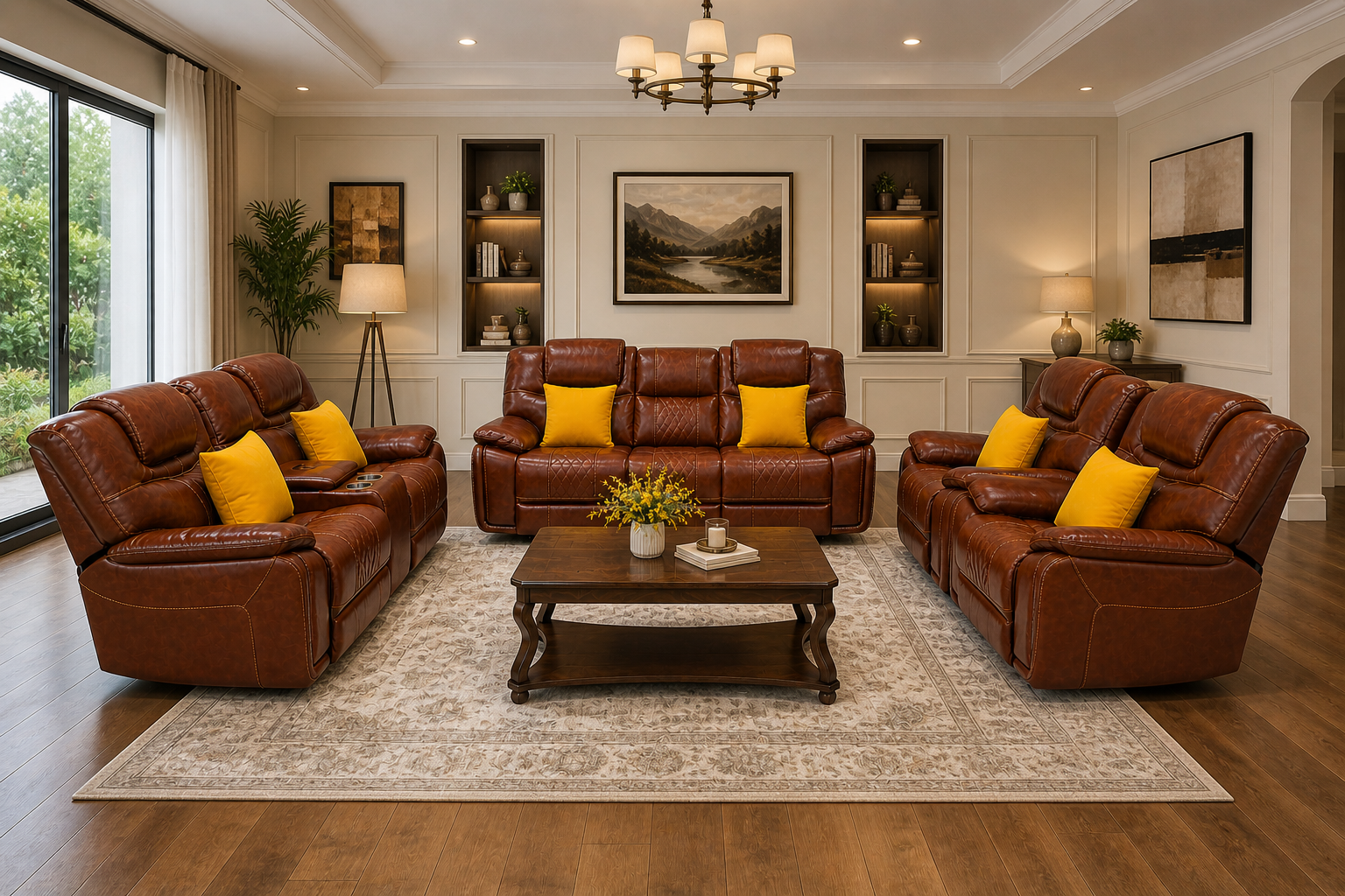 Calderwell 6 Seater Leather Recliner Sofa Set – Cognac Brown (3+2+1)