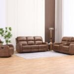 Aura brown 6 seater recliner sofa set with 3 seater, 2 seater, and single recliner chair in a modern living room