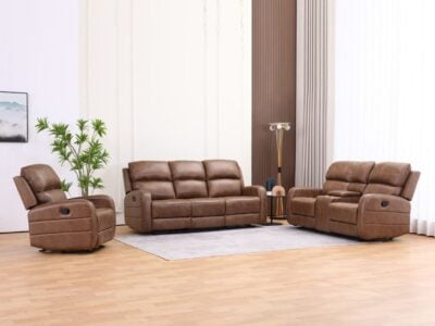 Aura brown 6 seater recliner sofa set with 3 seater, 2 seater, and single recliner chair in a modern living room
