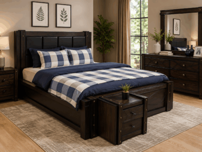 Caracas mahogany king size bed with upholstered headboard and premium wooden finish