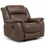 Infinity single recliner chair in brown fabric upholstery with padded armrests and high-back support