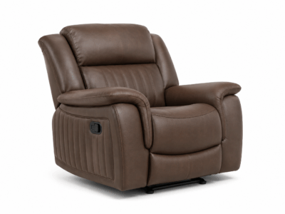 Infinity single recliner chair in brown fabric upholstery with padded armrests and high-back support