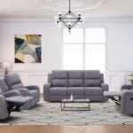 Monarch grey fabric 6 seater recliner sofa set with 3 seater, 2 seater, and single recliner chair in a contemporary living room