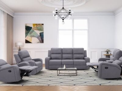 Monarch grey fabric 6 seater recliner sofa set with 3 seater, 2 seater, and single recliner chair in a contemporary living room
