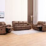 Oasis taupe fabric 6 seater recliner sofa set with 3 seater, 2 seater, and single recliner chair