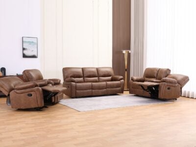Oasis taupe fabric 6 seater recliner sofa set with 3 seater, 2 seater, and single recliner chair