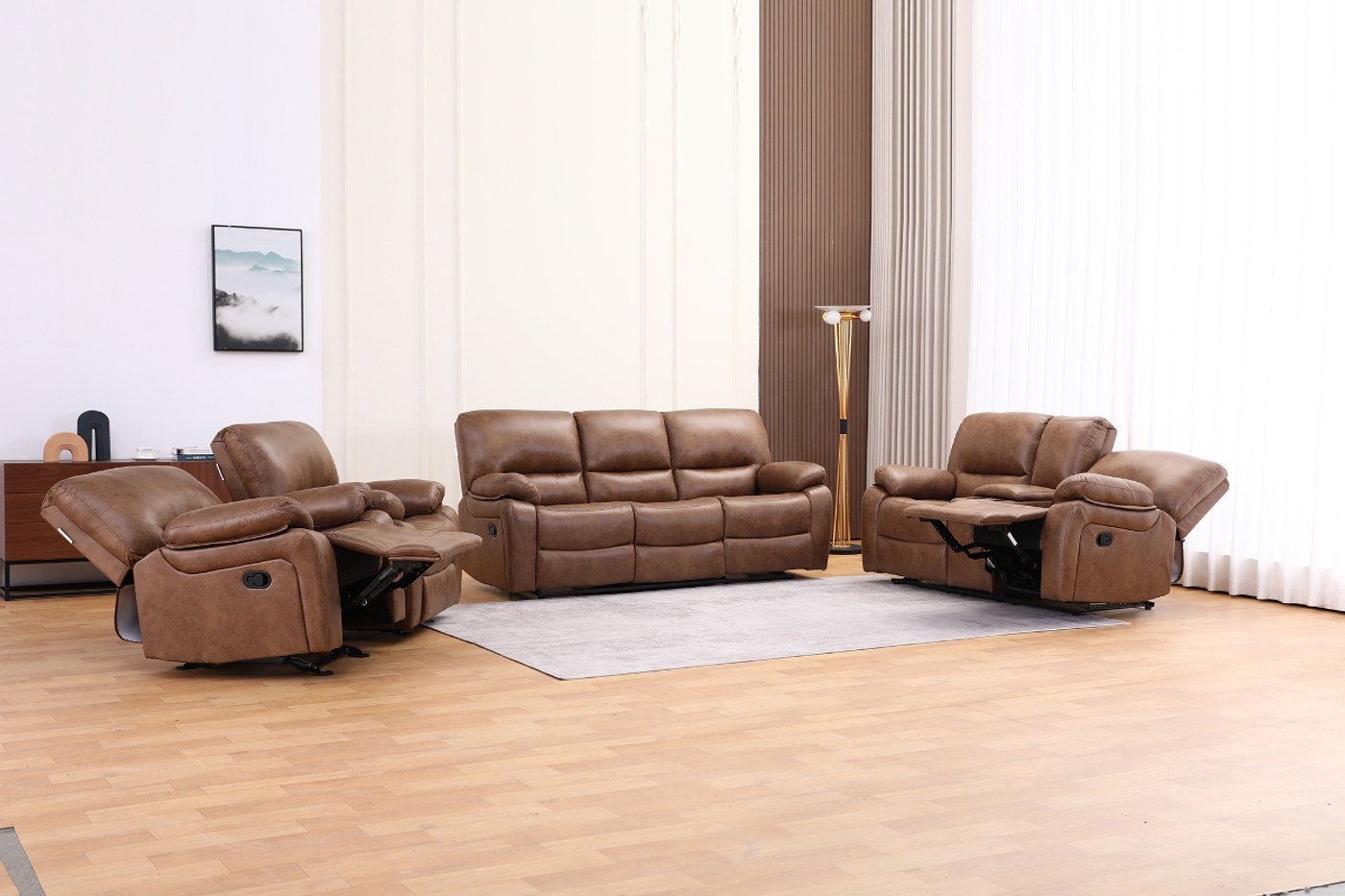 oasis set Oasis taupe fabric 6 seater recliner sofa set with 3 seater, 2 seater, and single recliner chair