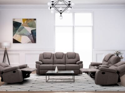 Zurich taupe fabric 6 seater recliner sofa set with 3 seater, 2 seater, and single recliner chair
