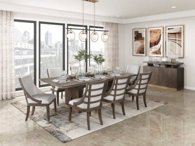 Hudson Luxe 8 seater wooden dining table with eight upholstered fabric dining chairs