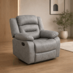 Follow grey fabric single manual recliner chair with padded armrests and high-back cushioning