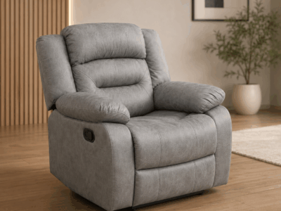 Follow grey fabric single manual recliner chair with padded armrests and high-back cushioning
