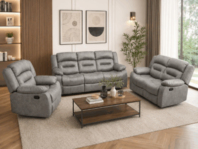 Follow 5 seater grey fabric recliner sofa set with 3 seater and 2 seater recliners