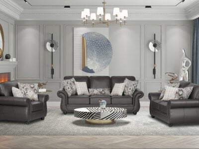 Nancy 6-seater Black Coffee sofa set with rolled arms in a modern living room