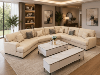 Sofia large cream corner sectional sofa in a modern living room