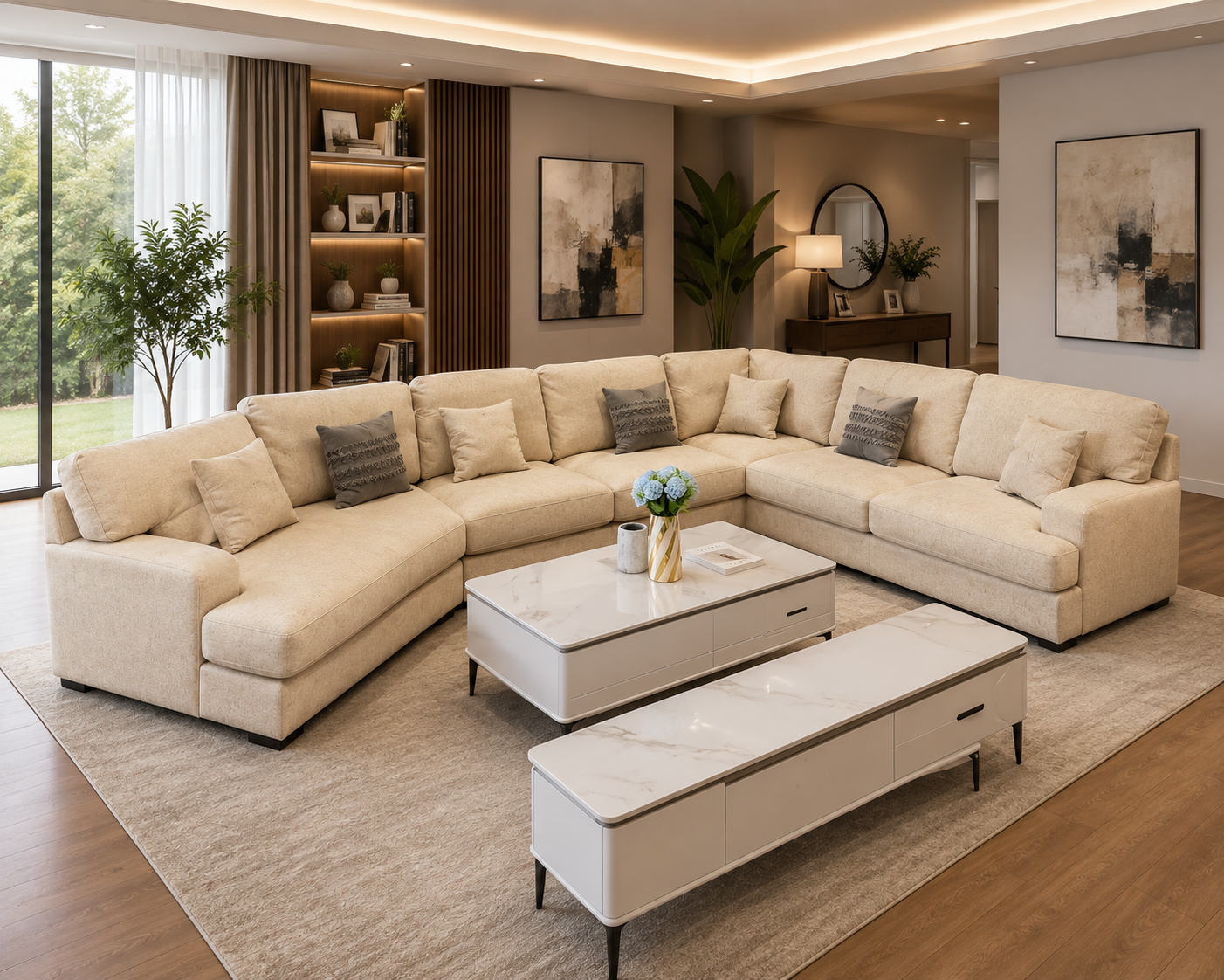 16017d79-c26e-423c-98da-3e38ea359efc Sofia large cream corner sectional sofa in a modern living room